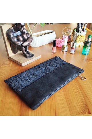 Ju Yaratıcı Tasarım Kadın Portföy & Clutch Çanta Süet Dantel Siyah