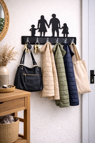 Aile Figürlü Dekoratif Duvar Askılığı 6 Kancalı Mdf Anahtarlık Ve Askı 38 X 30 Cm Siyah Siyah