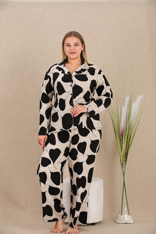 L'ombre Büyük Beden Siyah Beyaz Kalp Desenli Düğmeli Uzun Kol Viskon Pijama Takımı Çok Renkli