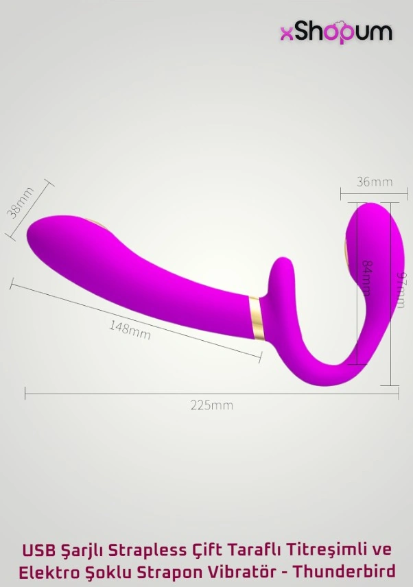 xShopum Usb Şarjlı Strapless Çift Taraflı Titreşimli Ve Elektro Uyarımlı Strapon Vibratör - Thunderbird