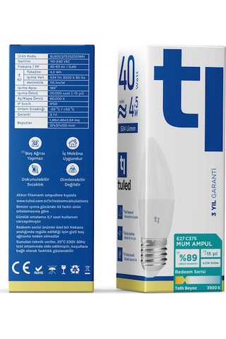 Redeem C37S E27 Mum Ampul, Titreşimsiz, Göz Konforu, 524 Lümen, Tatlı Beyaz, 3500 Kelvin
