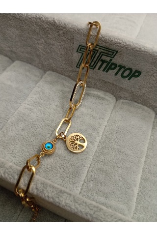 Tiptop/ Gold Renk Zincir Model Zirkon Taşlı Hayat Ağacı Ve Nazar Borcuklu Bileklik Gold