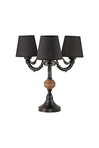 Üçlü Şamdan Masa Lambası Abajur Siyah Siyah Şapkalı Siyah