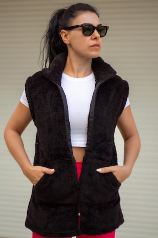 Kadın Siyah Peluş Welsoft Kalın Fermuarlı Hakim Yaka Yelek 23kylkmy10 001