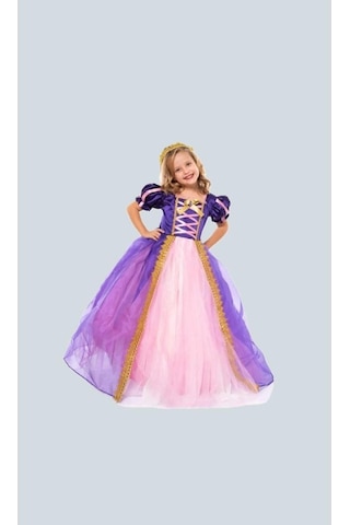 Rapunzel Uzun Kostüm 5-6 Yaş Taç, Tarlatan Ve Pelerin