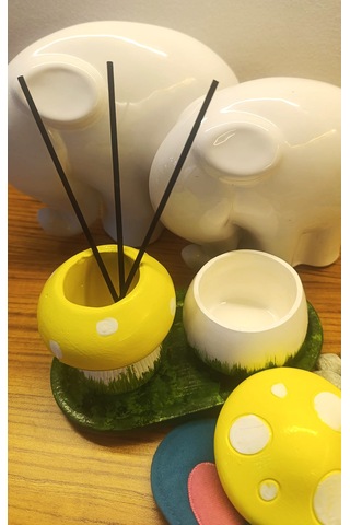 Artepieza El Yapımı Sarı Beyaz Mantar Figürlü Saksı Takımı Dekorasyon Seti 01