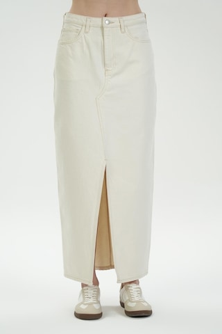 Ekru Yüksek Bel Yırtmaçlı Maxi Jean Etek C 4532-058 Ekru