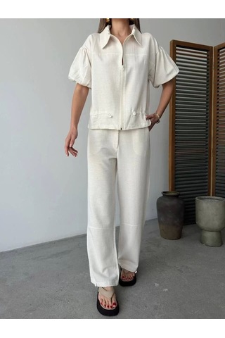 Keten Tam Fermuarlı Kısa Kollu Gömlek Pantolon İkili Takım - Beyaz Beyaz