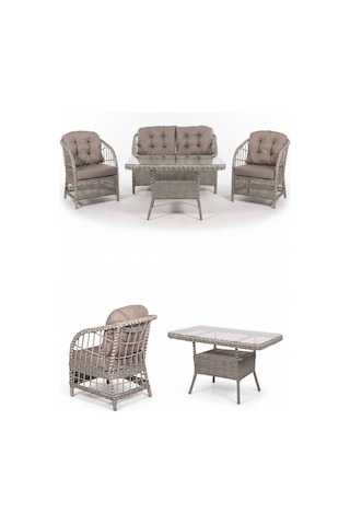 Dora Garden Home Nova 2+1+1 Rattan Bahçe Takımı Masalı Açık Gri Siyah Çizgili