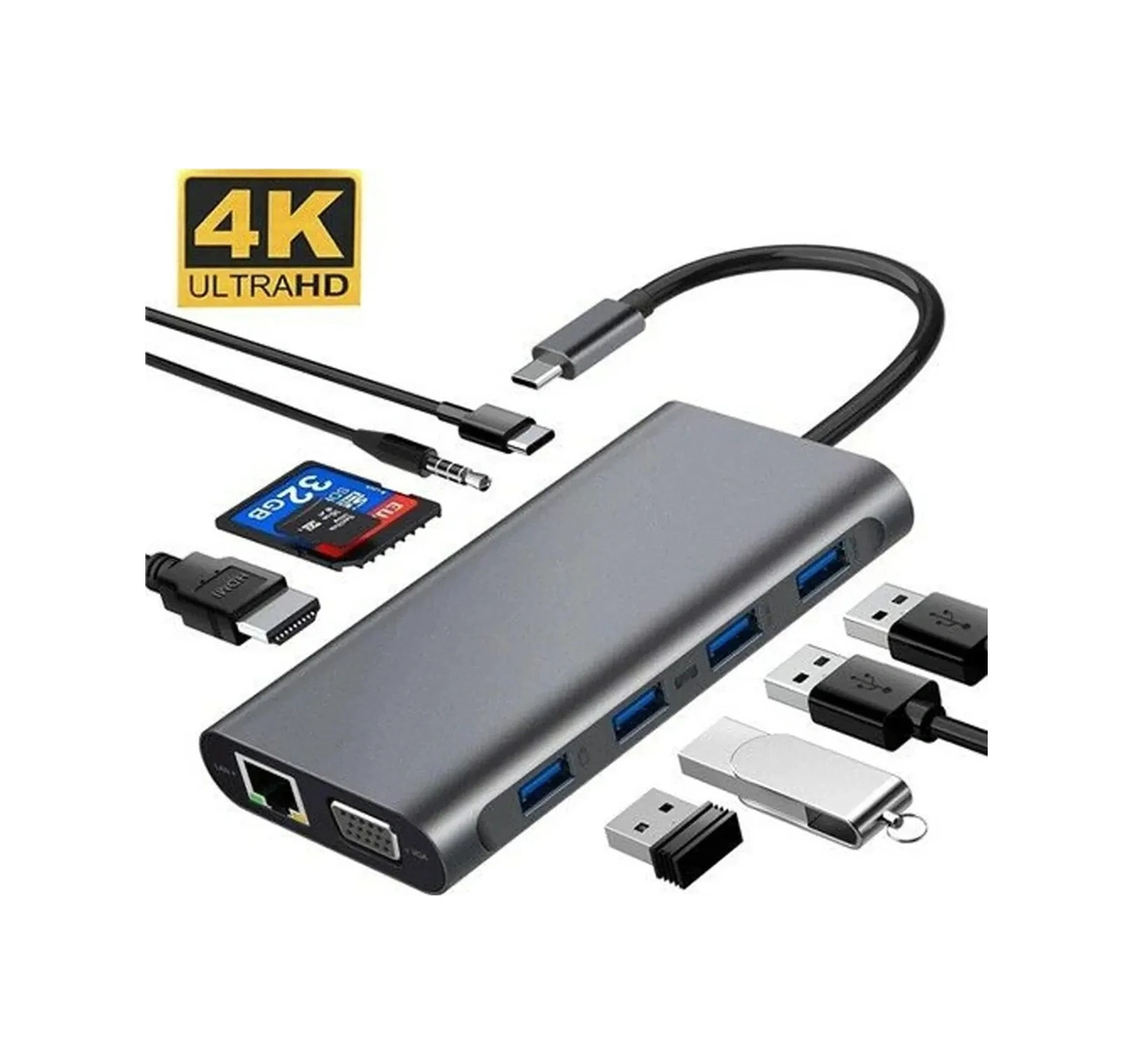 Technow Type-c To Hdmı Rj45 Type-c Sd Kart Usb 3.0 X 2 Vga Macbook 11in1 Çevirici Adaptör