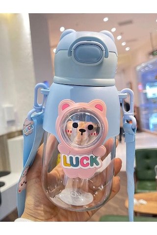 Sevimli Figürlü Çocuk Suluğu 660 Ml Pipetli Boyun Askılı Su Matarası