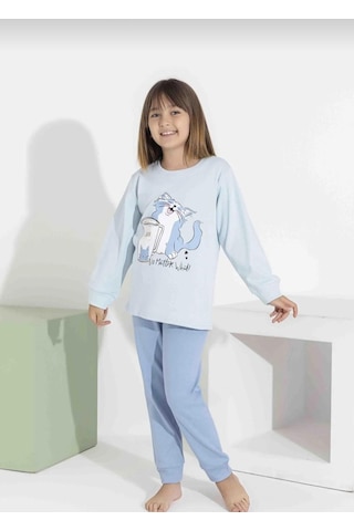 Kız Çocuk Kedi Baskılı Uzun Kollu Pijama Takımı Rahat Ev Giyimi-8411- Mavı