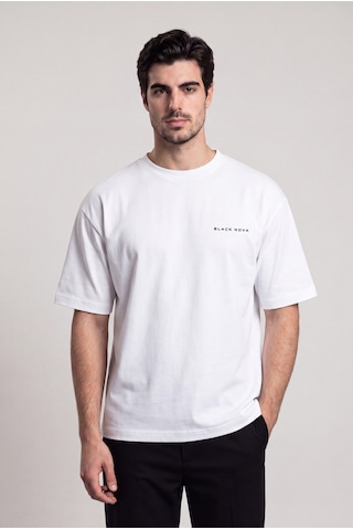 Black Nova Oversize Baskılı Unisex Tişört Bn Helmet Beyaz