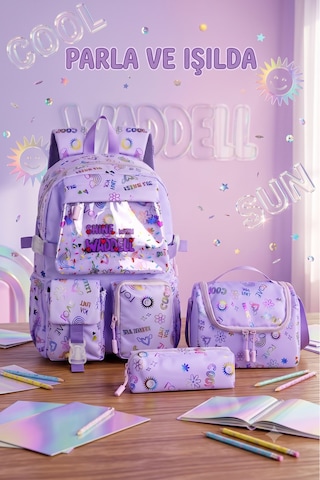 Waddell Kawaii Kore Tarzi Twil Kumas Desenli Sirt Cantasi Beslenme Cantasi Ve Kalemlikli Uclu Se Mor