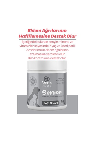 Vet's Plus Senior Çiğnenebilir Tablet 60'lı Kedi ve Köpekler İçin Inulin ve Glukozamin Desteği