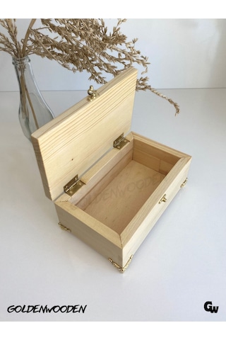 Doğal Ahşap Takı Kutusu Ahşap Saklama Kutusu Beyaz Çam Boy:20cm En:12cm Yük:8,5cm