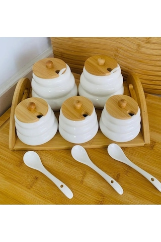 Qerhome Bambu Standlı Porselen 5'li Baharatlık Cmr ŞEffaf