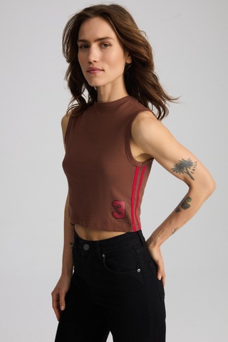 Ethıquet Yeslın Kadın Kontrast Şeritli Baskılı %100 Organik Pamuk Crop Kolsuz Kahverengi T-shirt
