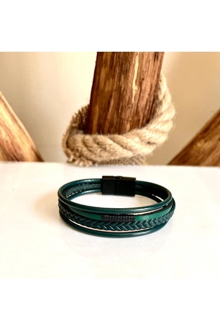 %100 Deri 4lü Kombin Yeşil Erkek Bileklik Boyut Net 20 Cm Yeşil