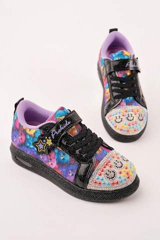 Muggo Smile Taş Detaylı Desenli Cırtlı Kız Çocuk Işıklı Günlük Sneaker Spor Ayakkabı Siyah