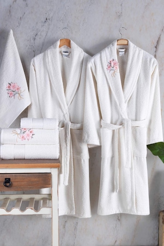 Newhome Mimoza2 6 Parça Kutulu %100 Pamuk Aile Bornoz Seti Krem/krem Karışık