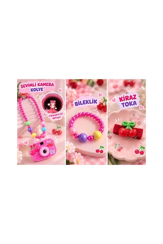 Kız Çocuk Pembe Fotoğraf Makinalı Kolye Bileklik Ve Kiraz Toka Seti