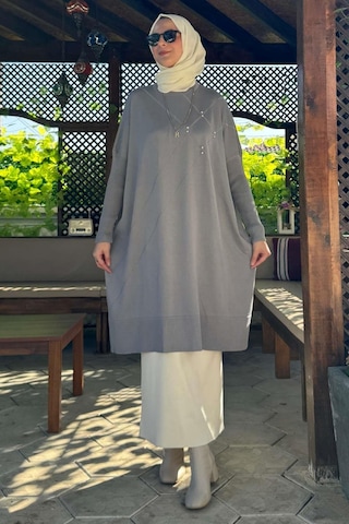 Rabia Şamlı Melda Triko Tunik Gri Çok Renkli
