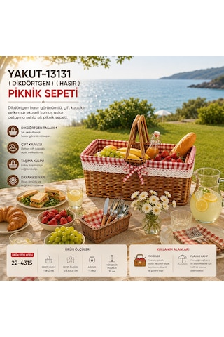 Yakut Dikdörtgen Hasır Piknik Sepeti- 12'li Paket