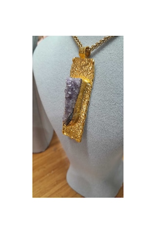 Ametist Taşlı Altın Kaplı Metal Çerçeveli Ve Gold Renkli Zincirli Kolye+ Takı Kutusu Hediye