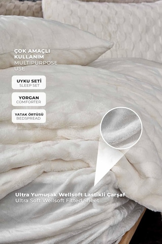 Kürk Yatak Örtüsü Yorgan Uyku Seti Tek Kişilik Çarşaflı Peluş Yumuşak Dolgulu Rody 3 Parça Krem