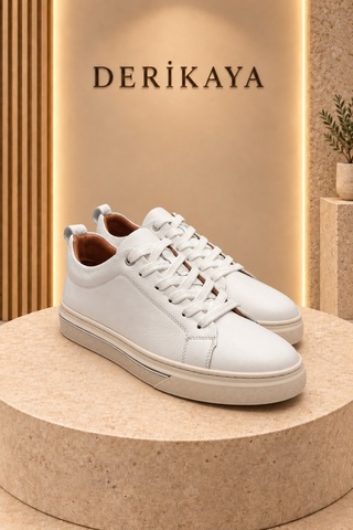 Deri Kaya Erkek Minimal Tasarım Bağcıklı Günlük Sneaker Spor Ayakkabı Beyaz