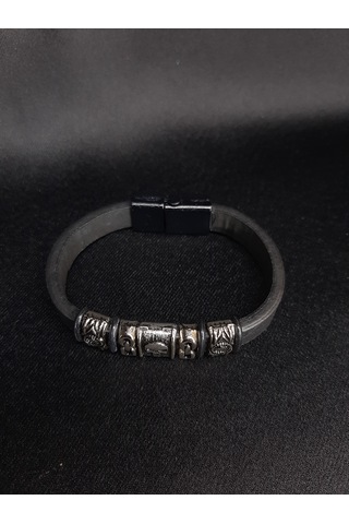 Unisex Suni Deri Metal Detaylı El Yapımı Bileklik Siyah