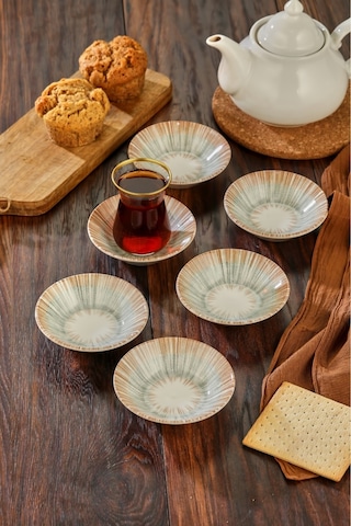 Cooker 6'lı Desenli Porselen Çay Tabağı Bej