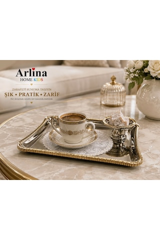 Premium Gümüş Tepsi Gold Detay Metal Sunum Seti