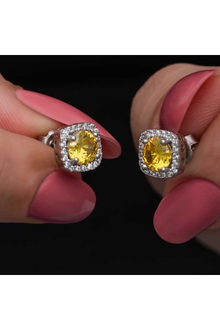 Gümüş Sarı Baget Taşlı Çivili Kadın Küpe 14 MM-Gümüş