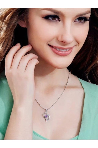 Brezza Lusso Jewelry Gümüş Zirkon Taşlı Kadın Kalp Gümüş Kolye Mor