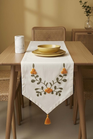 Sarı Çiçek Nakışlı Vintage Keten Runner 40x140 Cm Krem