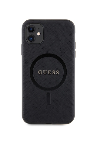 Apple Uyumlu iPhone 11 Kılıf Guess Lisanslı Magsafe Şarj Özellikli Yazı Logolu Saffiano Classic Kapak Siyah
