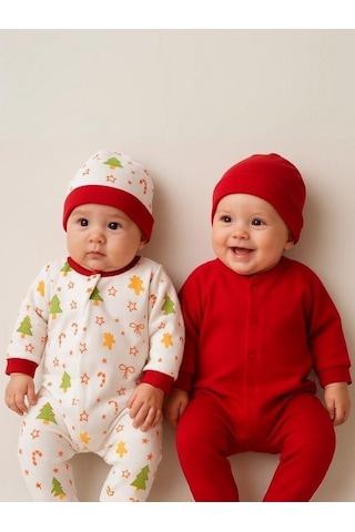 Zekids Bebek 3 Lü Yılbaşı Temalı Şapkalı Organik Bebek Tulum Seti-16182 Çok Renkli