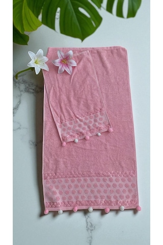 Analı Kızlı Pomponlu 2 Li Havlu Set Pembe