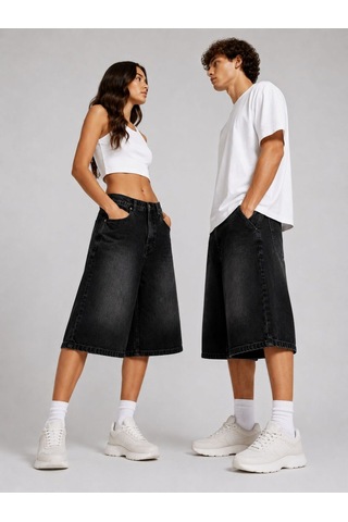 St.poll Eskitme Yıkama Unisex Baggy Denim Şort Siyah