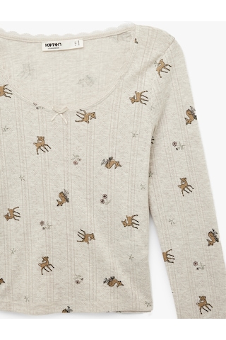 Koton Uzun Kollu Bisiklet Yaka Slim Desenli Pijama Üstü Bej Desenli 6slk40066mk