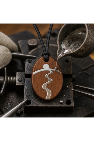Güneş Ve Yol Okült Sembollü Çift Taraflı Ahşap Metal Döküm Kolye - Unisex 011 - Kahverengi