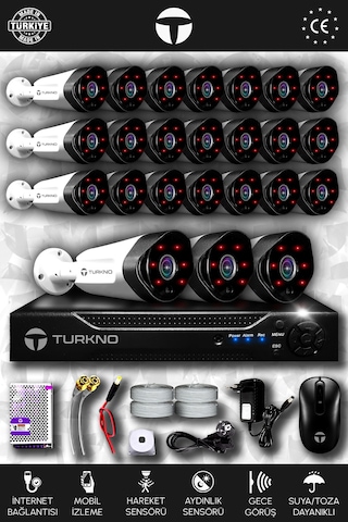 Turkno 24 Kameralı Galia 24 Dış Kamera Set HDD'siz Full HD Gece Görüşlü Güvenlik Kamerası Sistemi