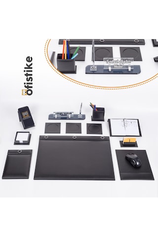 Siyah 10 Parça Düğmeli Sümen Takımı – Kalemli Kristal Masa İsimlik