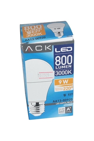 Ack Ampul Led 220Vac 9W Beyaz Cam 675Lm Gün Işığı 3000K E27 Aa13-
