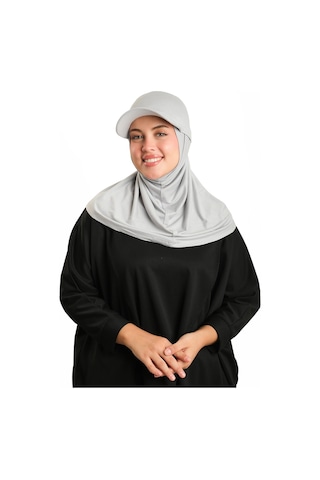 Hürrem Bone Gri Pratik Hazır Geçmeli Şapkalı Tesettür Eşarp Viskon Düz 2513 15 gri