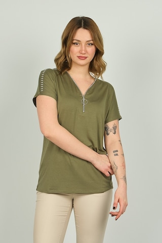 Ella Camelia Kadın Fermuarlı Kısa Kol Bluz 20e038 Haki