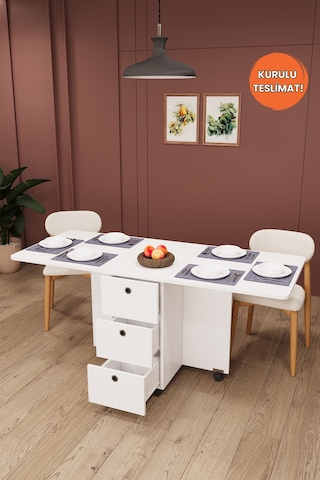 Lüks Katlanır Mutfak Yemek Masası %100 MDF Pratik Çekmeceli Çalışma Masası KM100