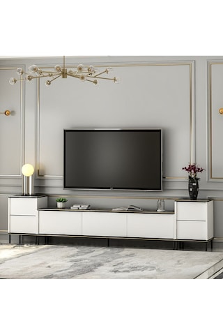 İmaj Tv Ünitesi Ve Komodin Set Traverten/gold, Oturma Odası Set, Tv Sehpası - Beyaz Beyaz